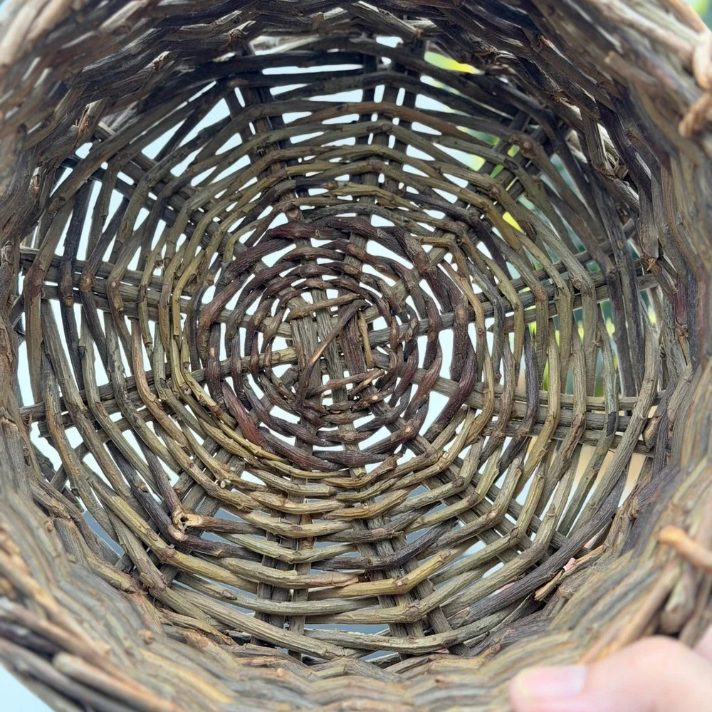 Vintage Hand Woven Twig Basket w Handles Round Decorative Rustic Farmhouse 7.5
